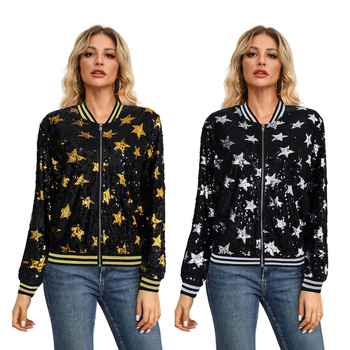 Дамско палто със пайети и декоративна звезда, цип, тънък силует, полиестер