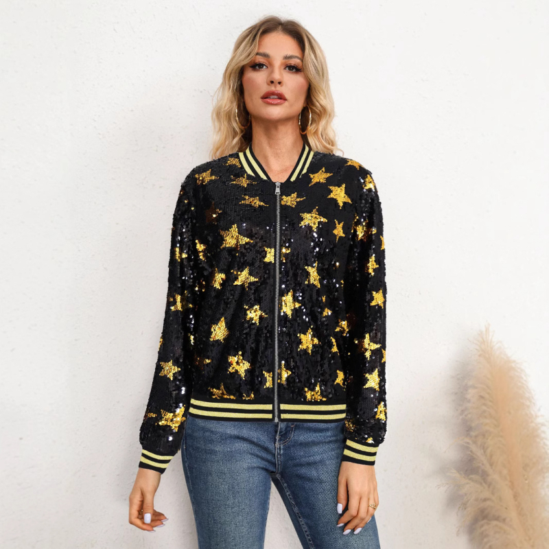 Дамско палто със пайети и декоративна звезда, цип, тънък силует, полиестер