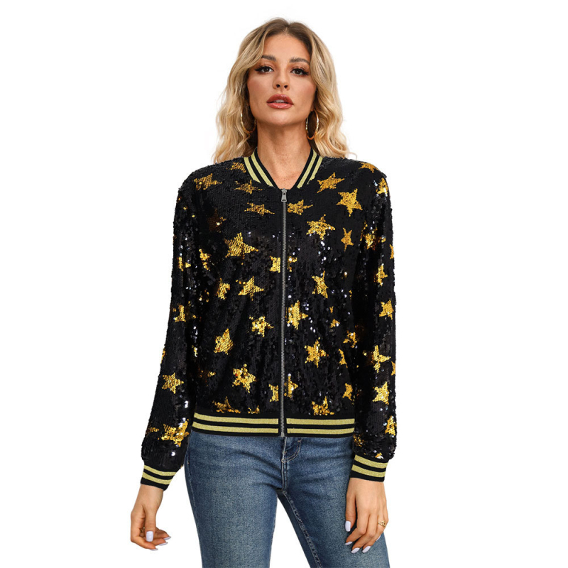 Дамско палто със пайети и декоративна звезда, цип, тънък силует, полиестер