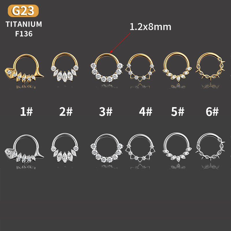 G23 aliaj titan, zircon încrustat, inel nazal închis, unisex, design geometric pește