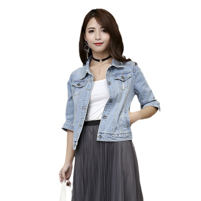 Дънково дамско яке, поло яка, регулярен ръкав, средна плътност, деним от памук, едноцветно, Slim fit, ръчна обработка, къс модел, ръкав с седем точки, Leisure стил