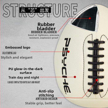 Metimo kamuolys kvaterbakų treniruotėms - šviesi PU odos passback kamuolys, pusrugbi, lauko naudojimui (Medžiaga: PU; Siuvimas: mašininis siuvimas; Kamuolio tipas: pusrugbi; Savybė: šviesi passback)