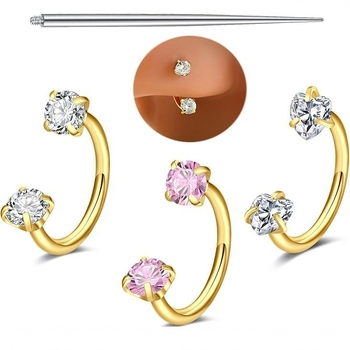 Set nosnih i usnih prstena, U-oblikovani dvostruko glavom cirkon nosni šiljci za piercing, nehrđajući čelik 316, unisex