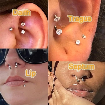 Set nosnih i usnih prstena, U-oblikovani dvostruko glavom cirkon nosni šiljci za piercing, nehrđajući čelik 316, unisex