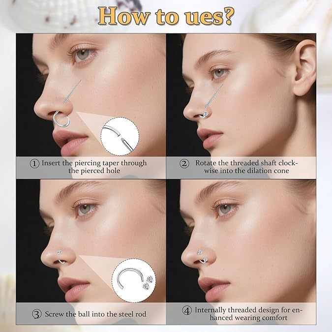 Set nosnih i usnih prstena, U-oblikovani dvostruko glavom cirkon nosni šiljci za piercing, nehrđajući čelik 316, unisex