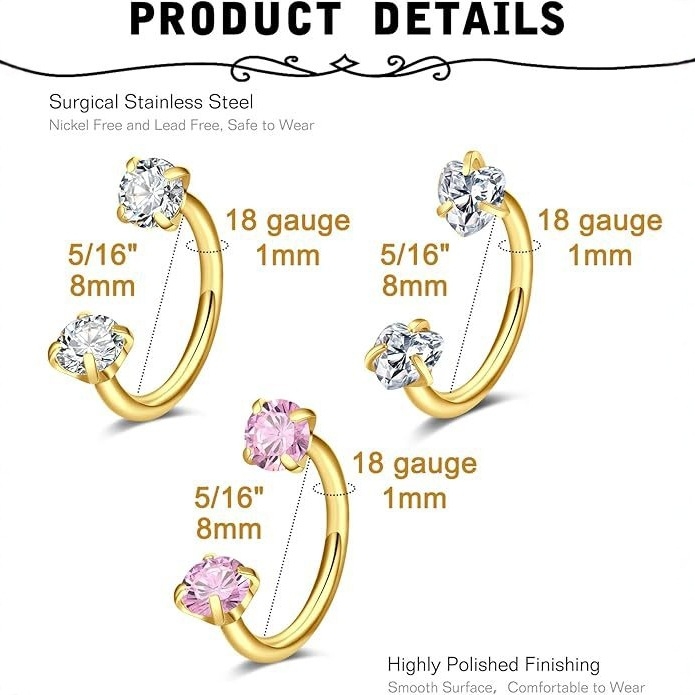 Set nosnih i usnih prstena, U-oblikovani dvostruko glavom cirkon nosni šiljci za piercing, nehrđajući čelik 316, unisex