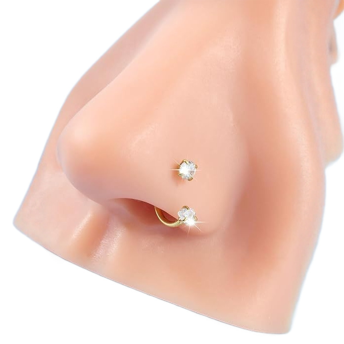 Set nosnih i usnih prstena, U-oblikovani dvostruko glavom cirkon nosni šiljci za piercing, nehrđajući čelik 316, unisex