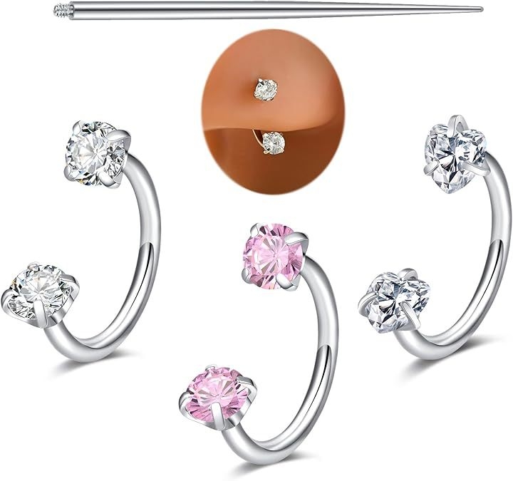 Set nosnih i usnih prstena, U-oblikovani dvostruko glavom cirkon nosni šiljci za piercing, nehrđajući čelik 316, unisex