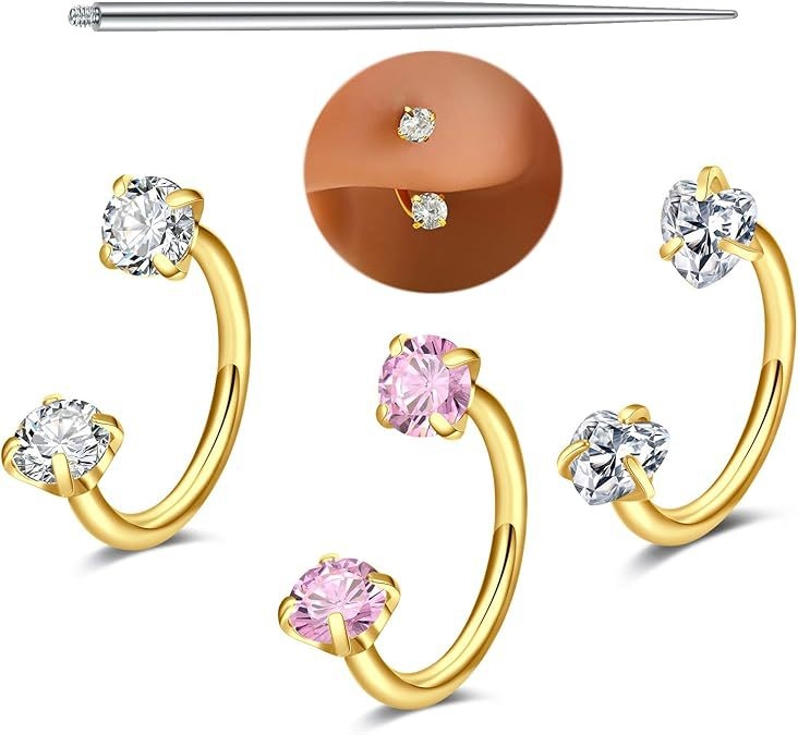 Set nosnih i usnih prstena, U-oblikovani dvostruko glavom cirkon nosni šiljci za piercing, nehrđajući čelik 316, unisex