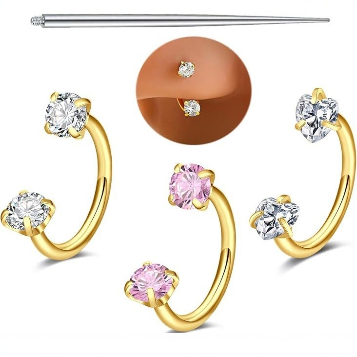 Set nosnih i usnih prstena, U-oblikovani dvostruko glavom cirkon nosni šiljci za piercing, nehrđajući čelik 316, unisex