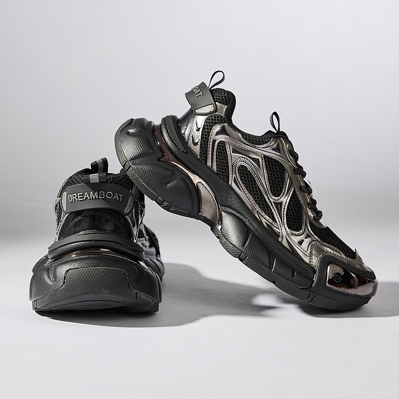 Unisex sportiniai bateliai dad shoes stiliai su kvėpavimo tinklo viršutine, stora vidurinė puta, raišteliai, dryžuotas raštas, PU padas