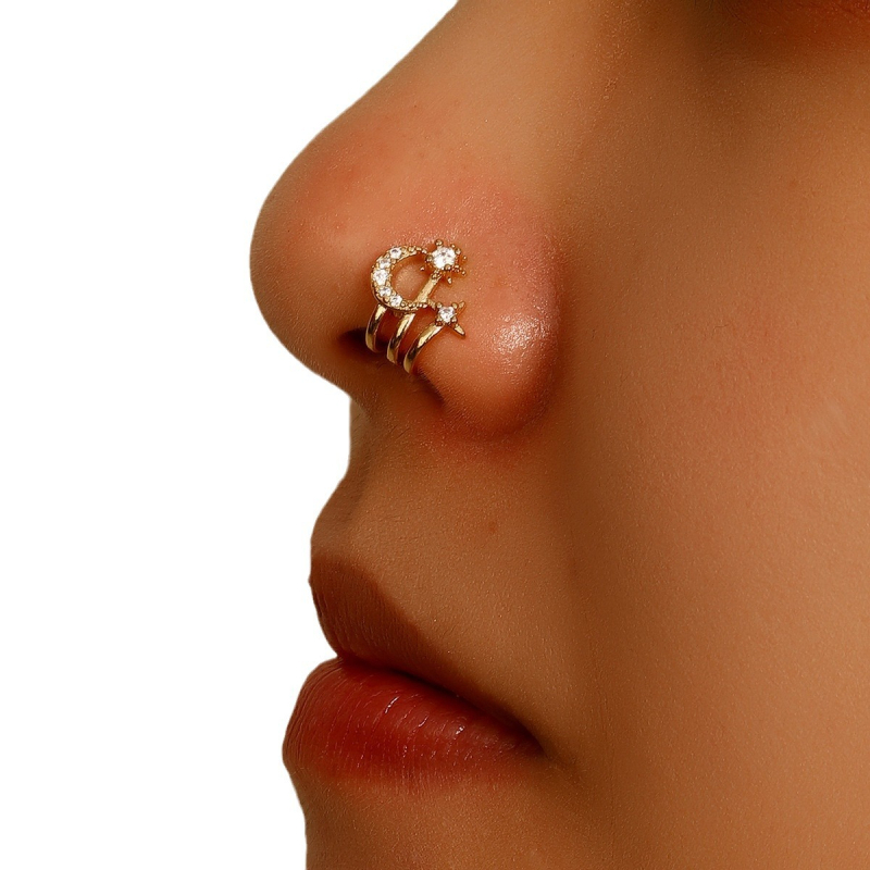 Носна украса, U-образна клип-форма, лунен дизайн с циркон кристали, цинкова сплав