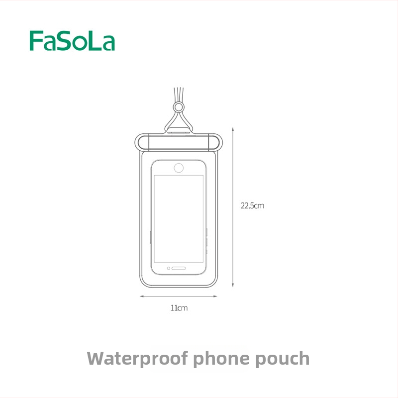 FaSoLa ūdensizturīga tālruņa soma ar caurspīdīgu skārienjūtīgu ekrānu; Materiāls: plastmasa; personalizācija pieejama; privāta zīmola iespēja; piemērots peldēšanai, ceļojumiem, niršanai, raftingam un āra aktivitātēm