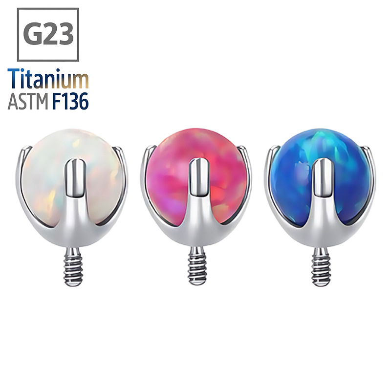 F136 titán ötvözetű testpiercing ékszer opál golyóval — kerek forma, polírozott felület, G23 tisztaság