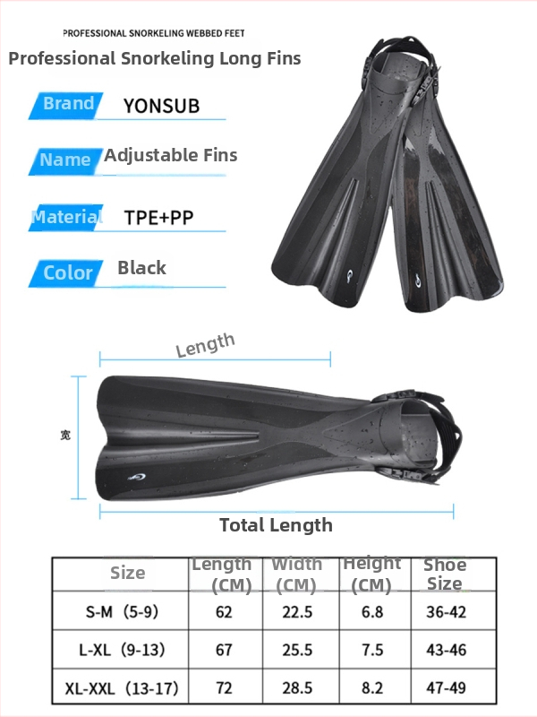 Unisex potapljačke peraje - dugi produženi peraji za slobodno i duboko ronjenje, Yon Sub, PP/TPR materijali, mogućnost privatne oznake