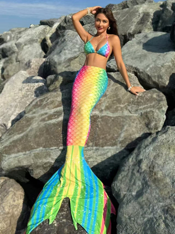 Kupaći kostim sirene s repom – Trodijelni set za žene, gradientni dizajn, bez naramenica, visoka elastičnost, s podložnim jastučićima za grudnjak, poliester