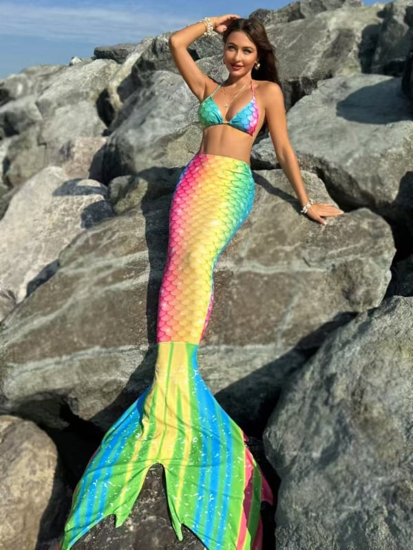 Kupaći kostim sirene s repom – Trodijelni set za žene, gradientni dizajn, bez naramenica, visoka elastičnost, s podložnim jastučićima za grudnjak, poliester