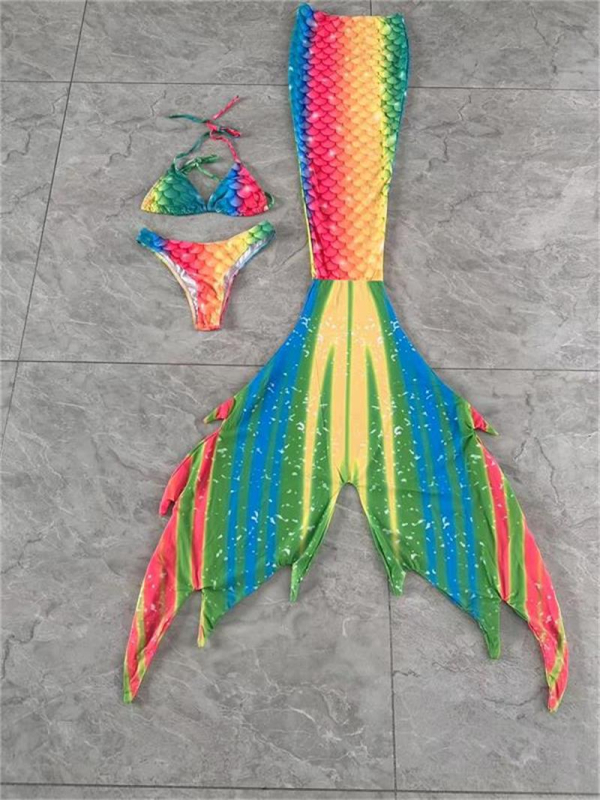 Kupaći kostim sirene s repom – Trodijelni set za žene, gradientni dizajn, bez naramenica, visoka elastičnost, s podložnim jastučićima za grudnjak, poliester