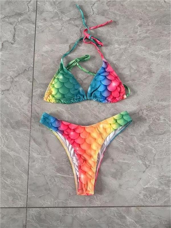 Kupaći kostim sirene s repom – Trodijelni set za žene, gradientni dizajn, bez naramenica, visoka elastičnost, s podložnim jastučićima za grudnjak, poliester