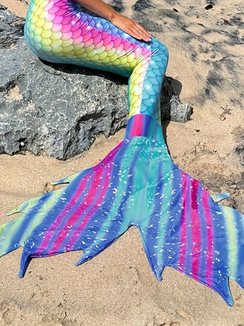 Ženski kupaći kostim s repom sirene, trodijelni set s jastučićem za prsni koš, poliester, gradijentni print, seksi tijesni dizajn