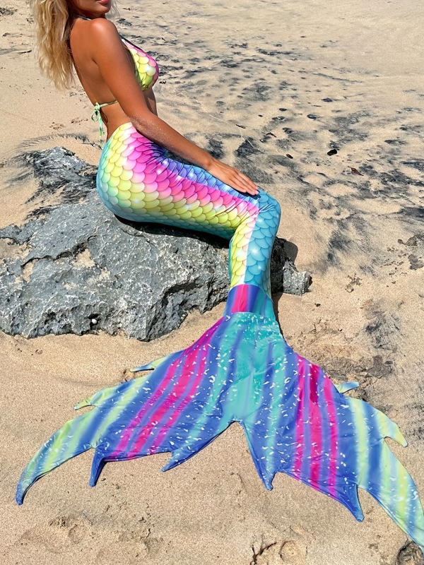 Ženski kupaći kostim s repom sirene, trodijelni set s jastučićem za prsni koš, poliester, gradijentni print, seksi tijesni dizajn