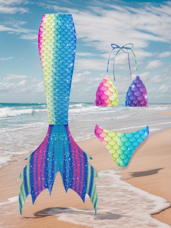 Ženski kupaći kostim s repom sirene, trodijelni set s jastučićem za prsni koš, poliester, gradijentni print, seksi tijesni dizajn