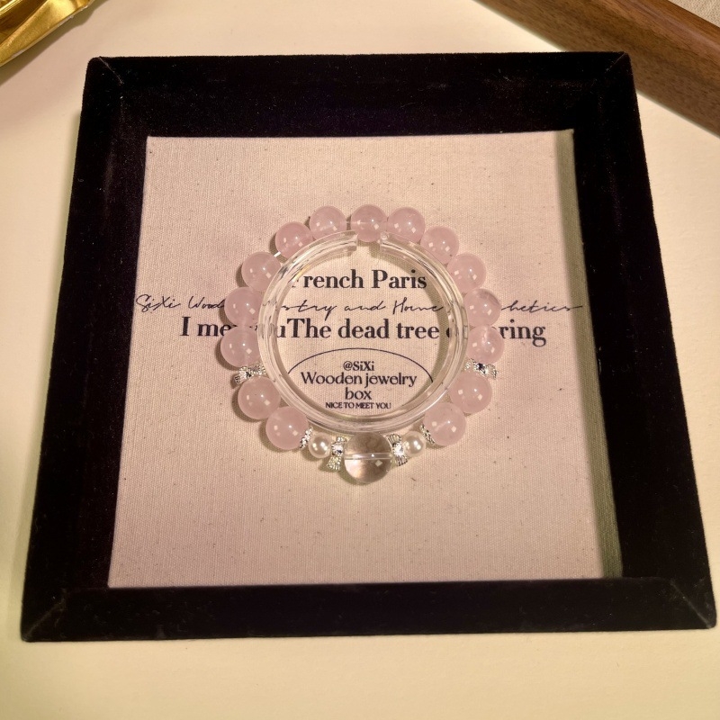 Narukvica od ružičastog kvarca, kuglice, stil princeze, bakrena legura akcenti, bez bočnih kamenja