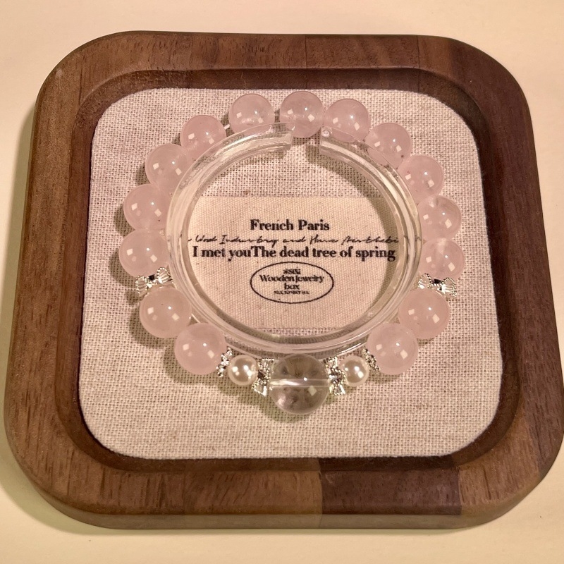 Narukvica od ružičastog kvarca, kuglice, stil princeze, bakrena legura akcenti, bez bočnih kamenja