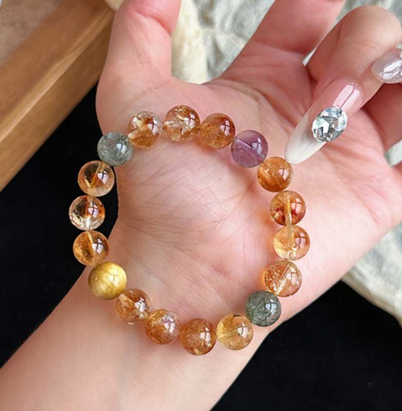 Narukvica od žutog kristala i ametista, francuski stil, ljeto 2025, samostalno pakiranje