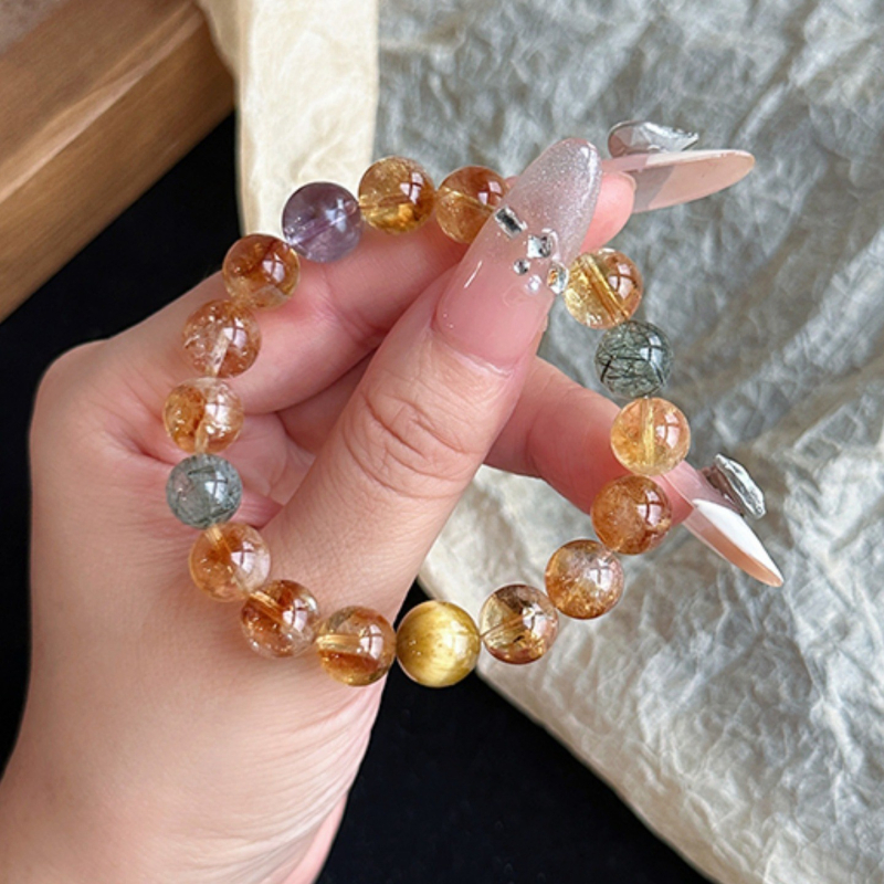 Narukvica od žutog kristala i ametista, francuski stil, ljeto 2025, samostalno pakiranje