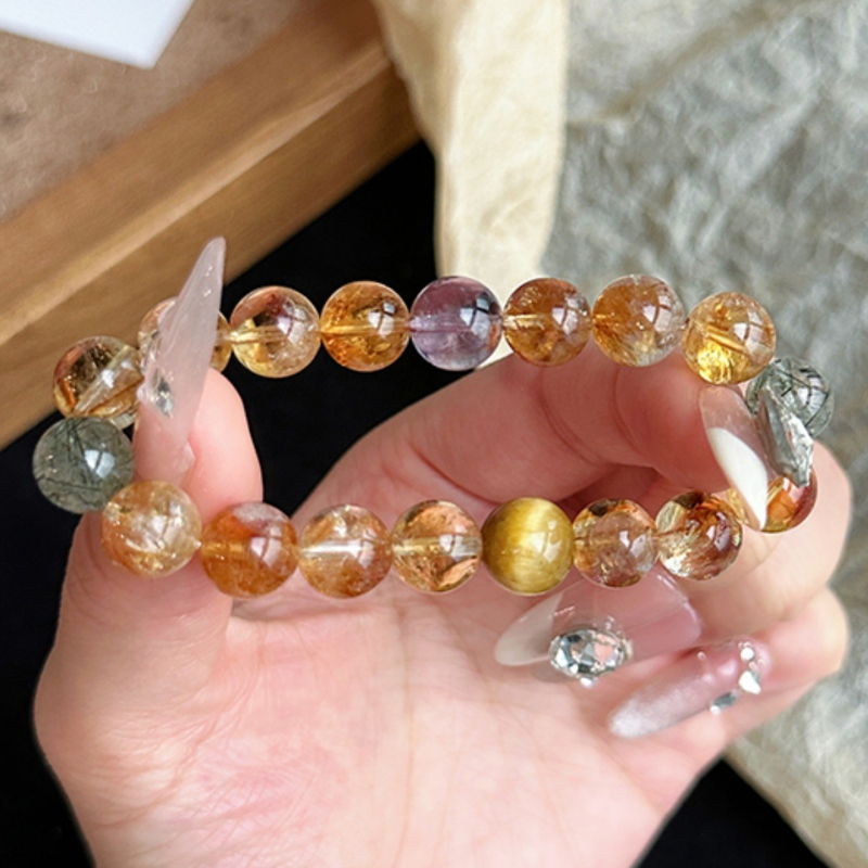 Narukvica od žutog kristala i ametista, francuski stil, ljeto 2025, samostalno pakiranje