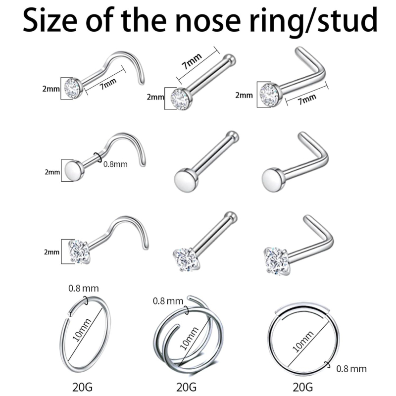 Deguna pirsinga komplekts – deguna skrūve un deguna gredzens, nerūsējošais tērauds 304/316, precīza pulēšana, Punk sērija, kristāla dimanti un cirkonu