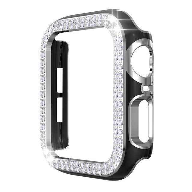 Carcasă Apple Watch - Material PC, Accente cu Diamante Electroplate, Diamante în Dublu Rând, Design Decupat, Carcasă Protectoare