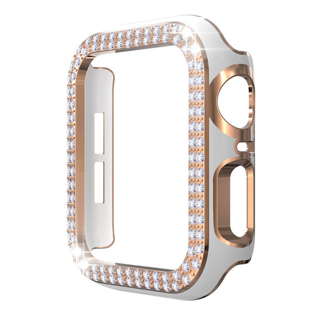 Carcasă Apple Watch - Material PC, Accente cu Diamante Electroplate, Diamante în Dublu Rând, Design Decupat, Carcasă Protectoare