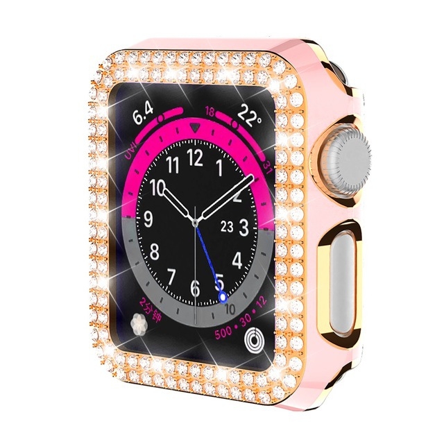 Carcasă Apple Watch - Material PC, Accente cu Diamante Electroplate, Diamante în Dublu Rând, Design Decupat, Carcasă Protectoare
