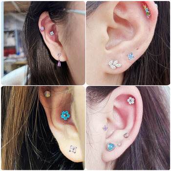 Capă de înlocuire pentru piercing buze din aliaj de titan, filet interior, modele cu patru frunze de trifoi și stea cu patru vârfuri, finisaj tăiat diamant