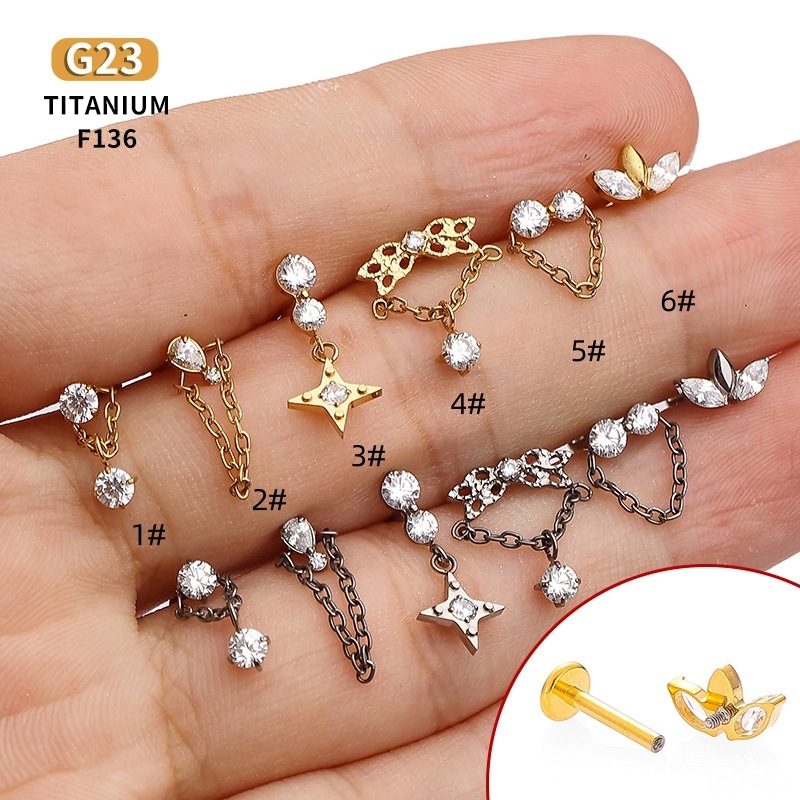 Lip nail din aliaj de titan cu pandantiv lanț geometric în formă de floare și zirconiu