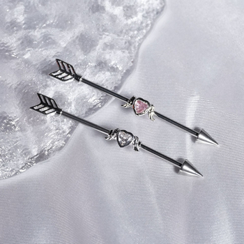 Ausu tilta barelis ar sirds un bulta motīvu, 316L nerūsējošais tērauds, cirkons ievietojums, garš stienis