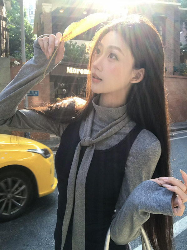 Set T-shirt pentru femei din două piese, guler înalt, mâneci lungi, material modal-spandex, stil girly, slim-fit