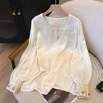 Košulja od satena s jacquard broderijom, 3D uzorak, okrugli ovratnik, dugi rukavi