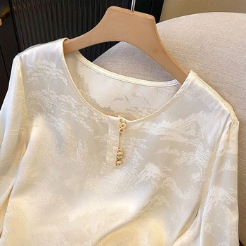 Košulja od satena s jacquard broderijom, 3D uzorak, okrugli ovratnik, dugi rukavi