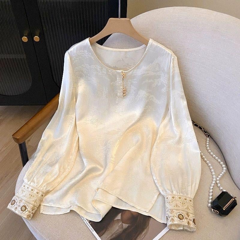 Košulja od satena s jacquard broderijom, 3D uzorak, okrugli ovratnik, dugi rukavi