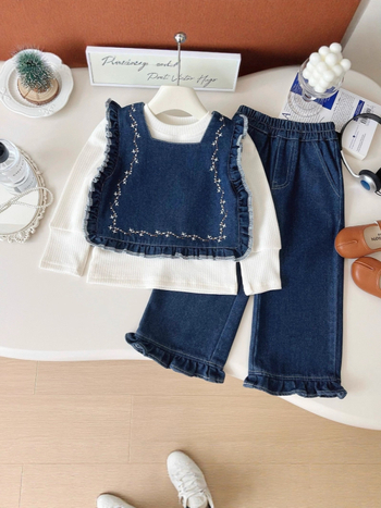 Set trei piese pentru fete, stil coreean: top cu mânecă lungă, vestă din denim și pantaloni lungi