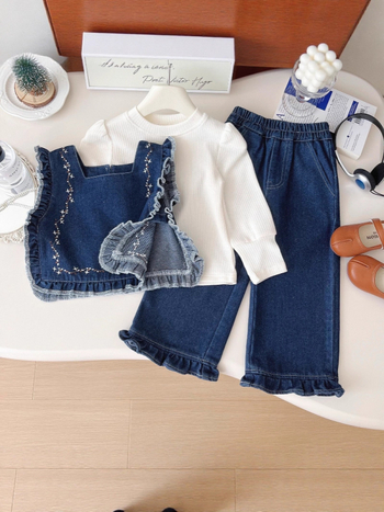 Set trei piese pentru fete, stil coreean: top cu mânecă lungă, vestă din denim și pantaloni lungi