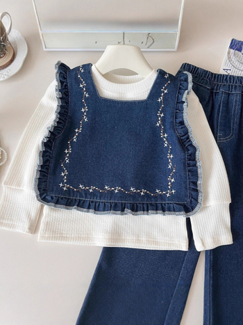 Set trei piese pentru fete, stil coreean: top cu mânecă lungă, vestă din denim și pantaloni lungi