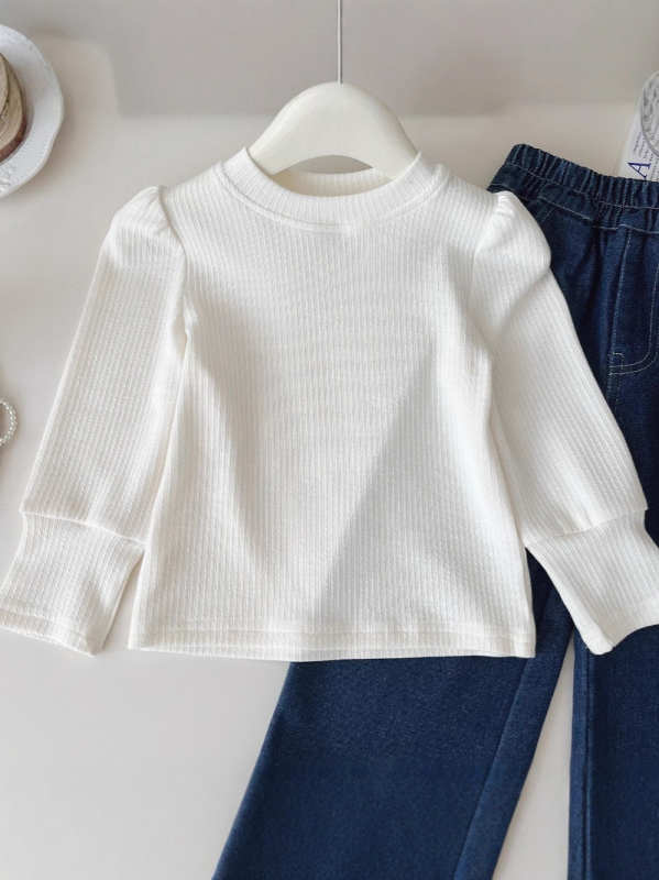 Set trei piese pentru fete, stil coreean: top cu mânecă lungă, vestă din denim și pantaloni lungi