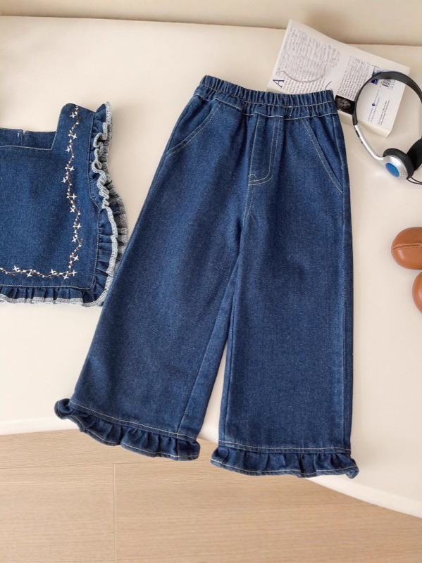 Set trei piese pentru fete, stil coreean: top cu mânecă lungă, vestă din denim și pantaloni lungi