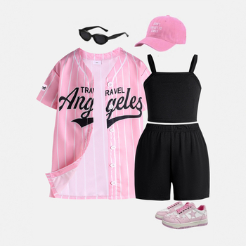 Set de vară pentru fete, trei piese — jachetă cu mâneci scurte și imprimeu litere, top camisole și șorturi, 65% bumbac