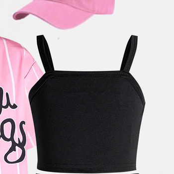 Set de vară pentru fete, trei piese — jachetă cu mâneci scurte și imprimeu litere, top camisole și șorturi, 65% bumbac