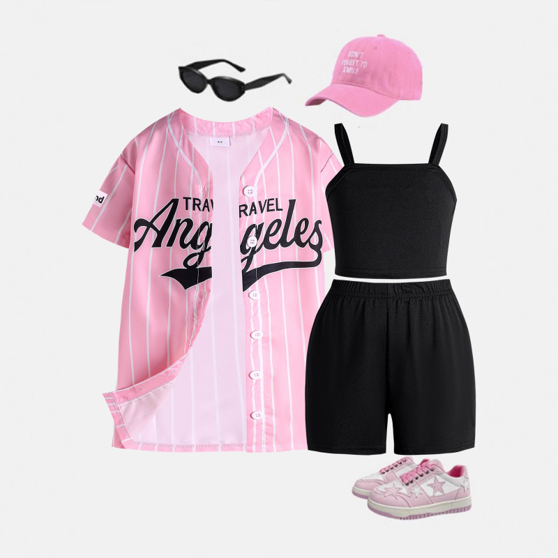 Set de vară pentru fete, trei piese — jachetă cu mâneci scurte și imprimeu litere, top camisole și șorturi, 65% bumbac